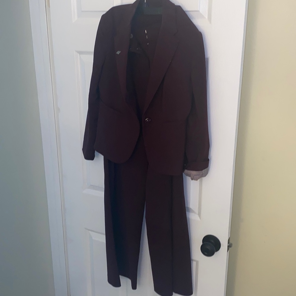 Plum purple blazer size 4 petite and high rise wide leg pants size 0